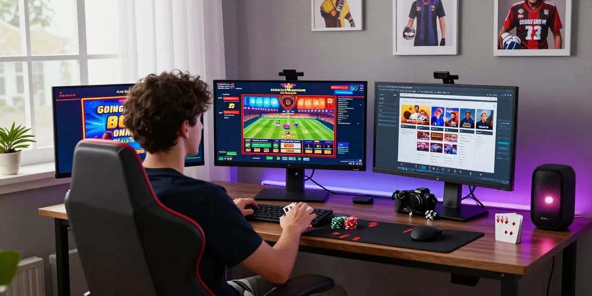 Engaged young adult exploring gambleonline platforms in an inviting gaming environment, showcasing casino games and betting excitement.