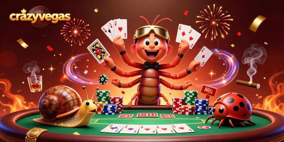 Experience thrilling gameplay at crazyvegas with our millipede dealer, chip stacks, and festive casino excitement!