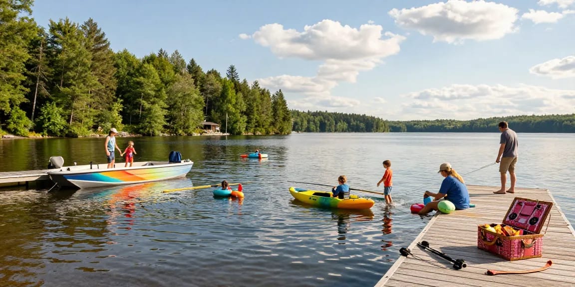 Kawagama lake marina scene with family enjoying summer activities by the water, including boating and picnicking.