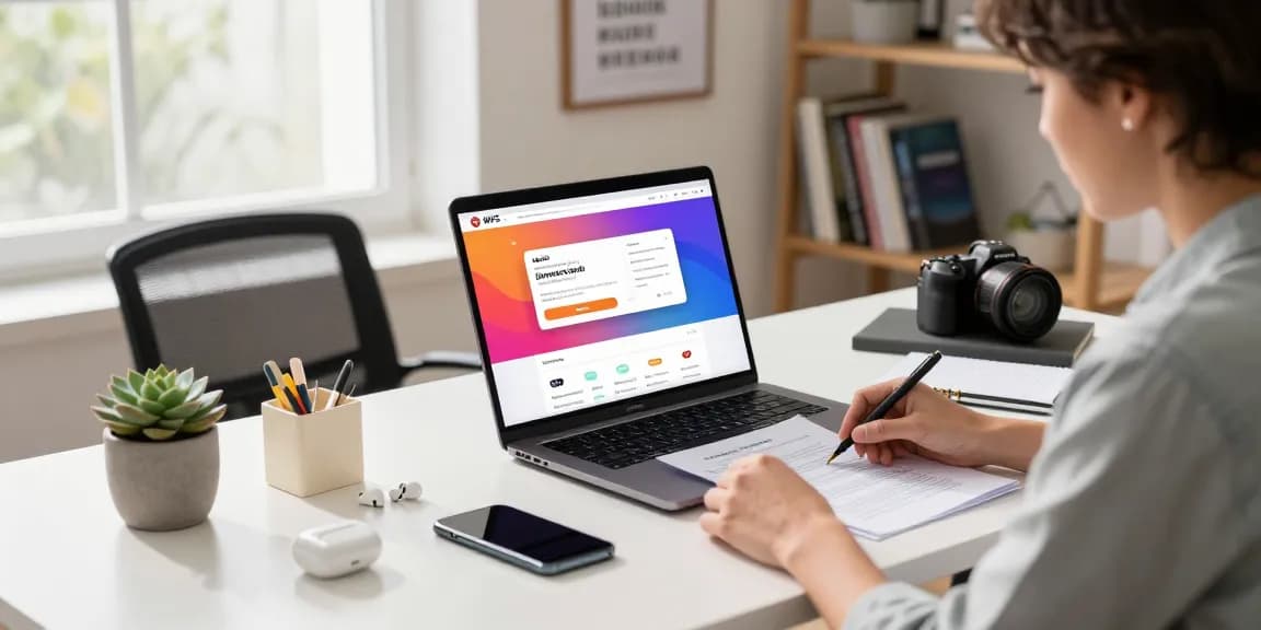 WPS Download interface displayed prominently on a laptop in a modern office setting.