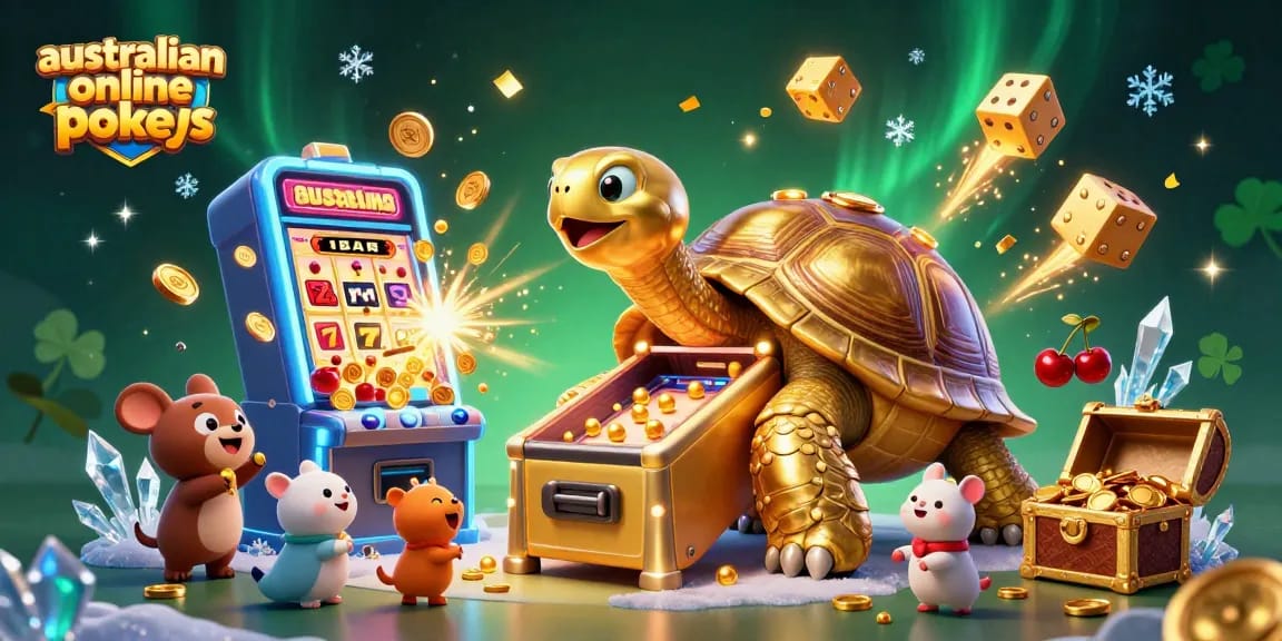 A colorful and vibrant illustration of australian online pokies featuring a giant tortoise as a pinball machine, surrounded by animated game elements and small animals.