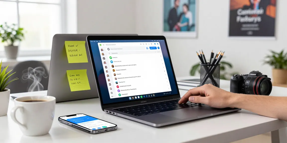 Interactive Telegram download workspace showcasing vibrant chat windows and modern office setup.