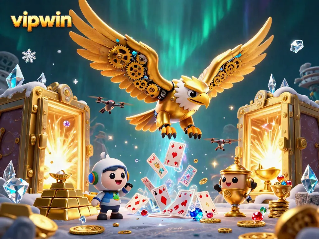 Cinematic 3D illustration showcasing the golden eagle symbolizing vipwin soaring through a cascade of playing cards amidst a treasure-filled fantasy.
