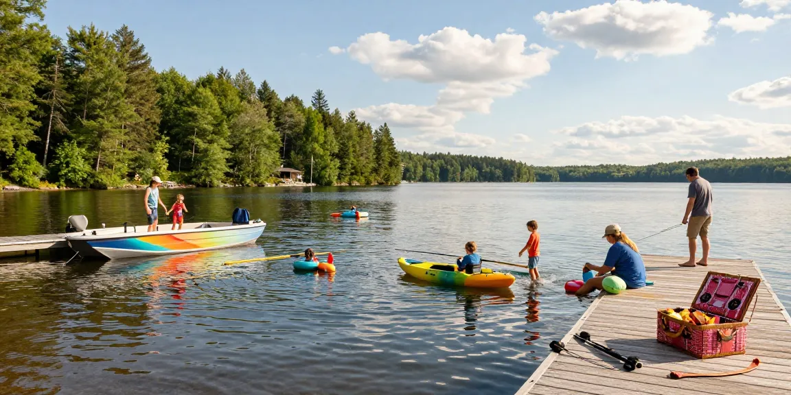 Kawagama lake marina scene with family enjoying summer activities by the water, including boating and picnicking.