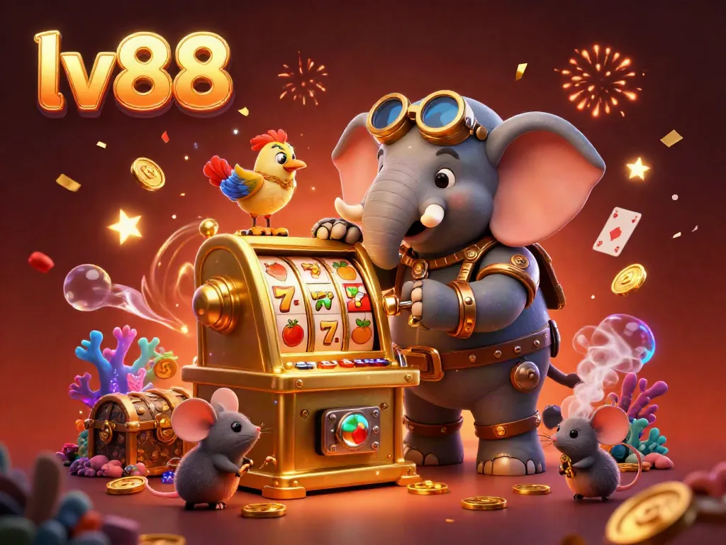 Engage in exciting games at lv88 with a steampunk elephant operating a golden slot machine amidst treasures and vibrant casino elements.