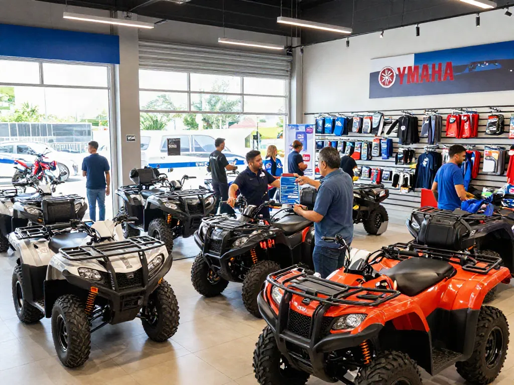 Yamaha dealer showcasing a variety of motorcycles and ATVs in an engaging showroom environment with vibrant promotional banners.