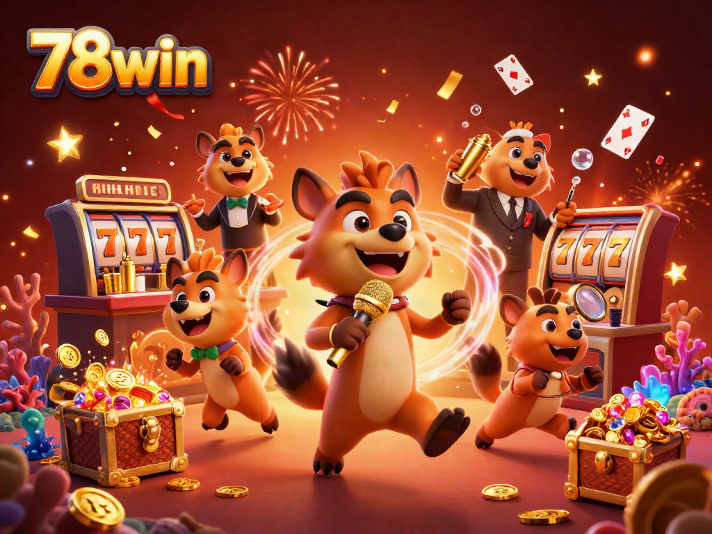 Experience thrilling gameplay at 78win with animated hyenas hosting a lively casino scene filled with vibrant characters and exciting elements.