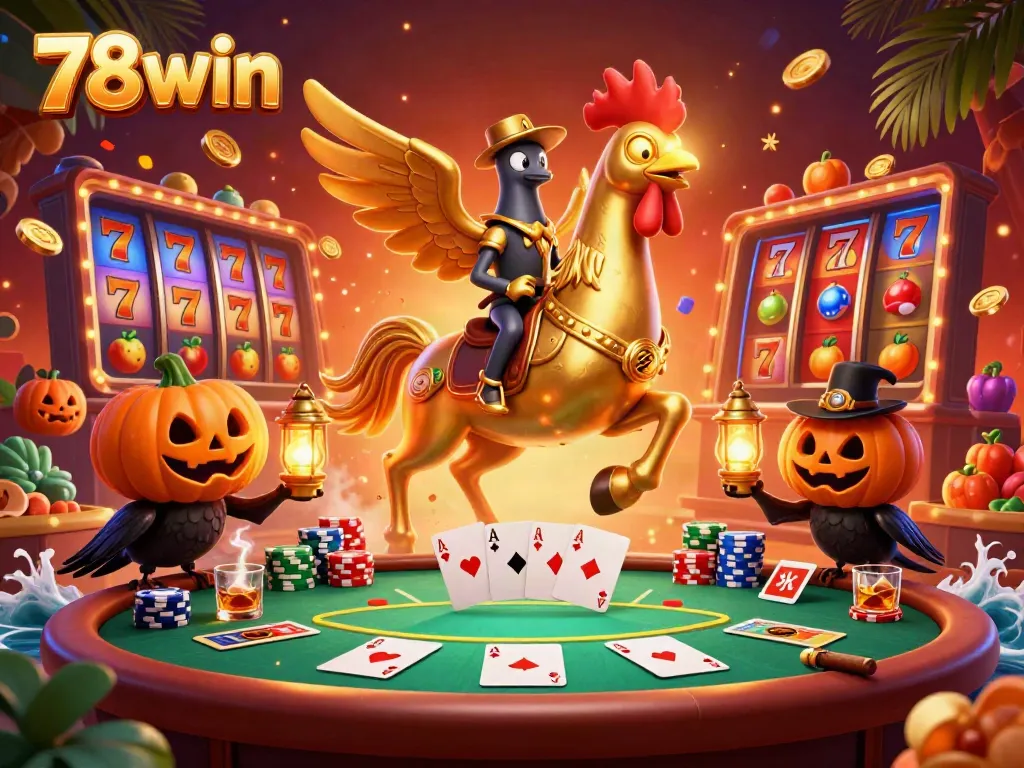 Experience casino excitement with 78win's vibrant golden rooster and companions amidst thrilling slot elements.