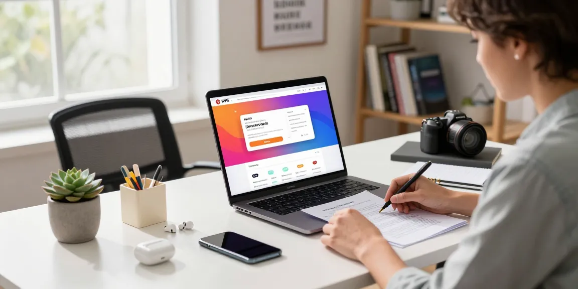WPS Download interface displayed prominently on a laptop in a modern office setting.
