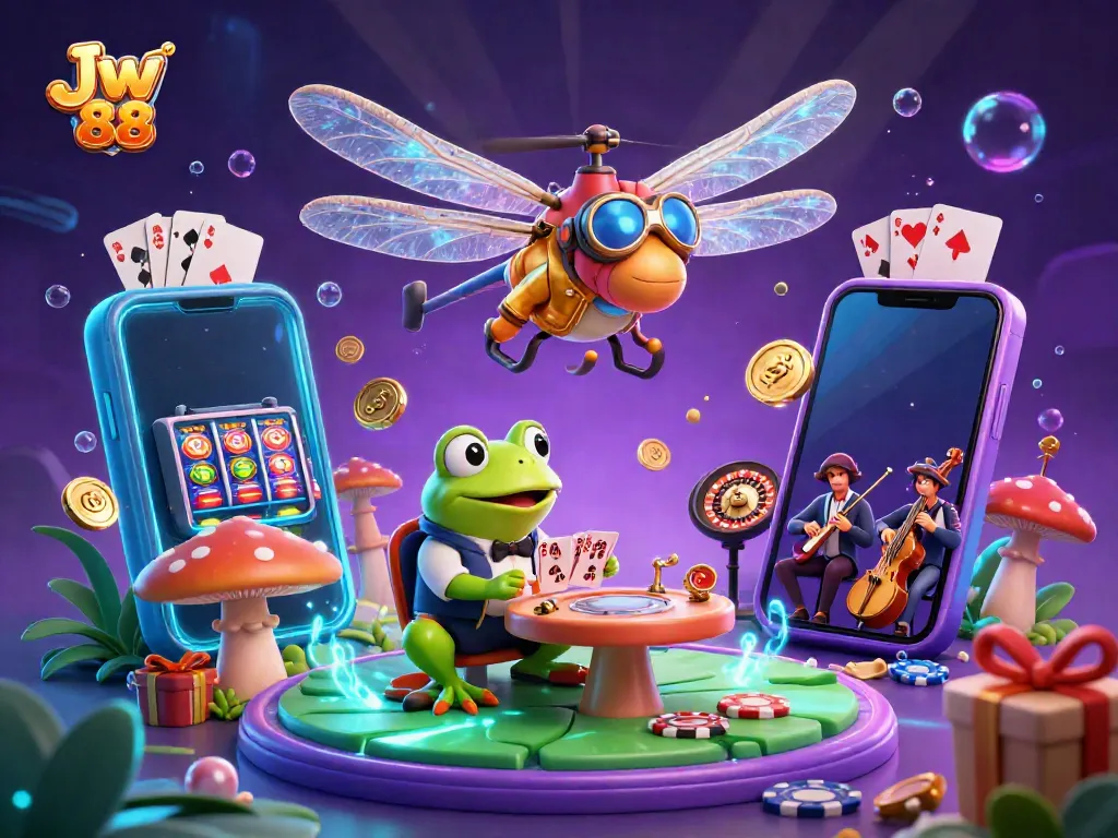 Experience the thrill with Jw 88 as spiderlike dragonfly pilots in gold hover over a vibrant lily pad casino.
