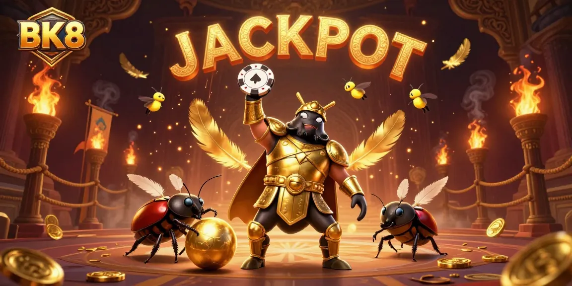 BK8 showcases vibrant beetles in armor celebrating a big win with a golden poker chip, perfect for casino promotions.