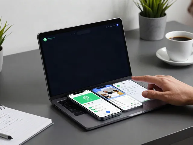 GB WhatsApp latest version APK displayed on smartphone, showcasing vibrant features and themes in a modern workspace.