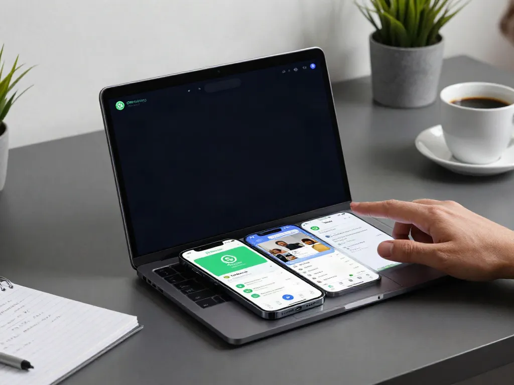 GB WhatsApp latest version APK displayed on smartphone, showcasing vibrant features and themes in a modern workspace.