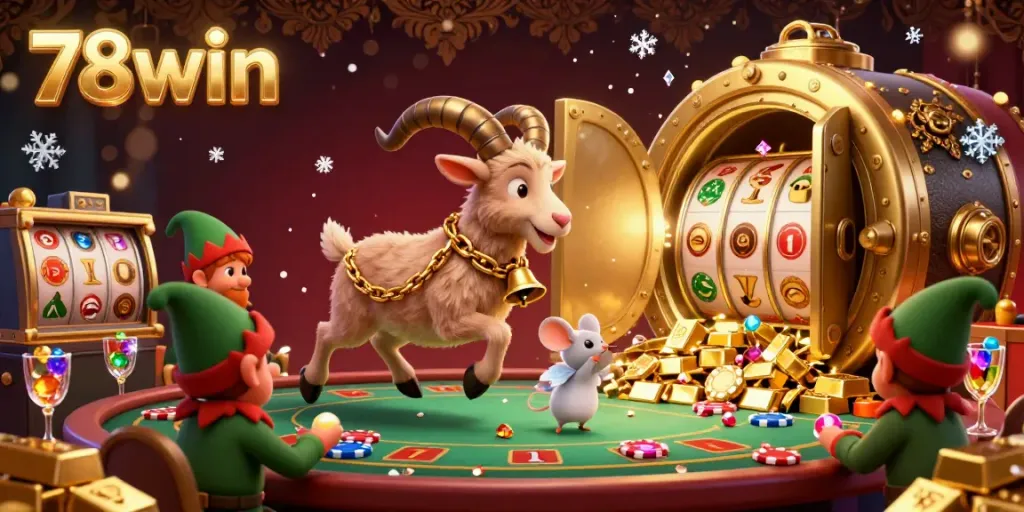 Engage with 78win at a festive casino, featuring Krampus and a mouse amidst overflowing treasures.