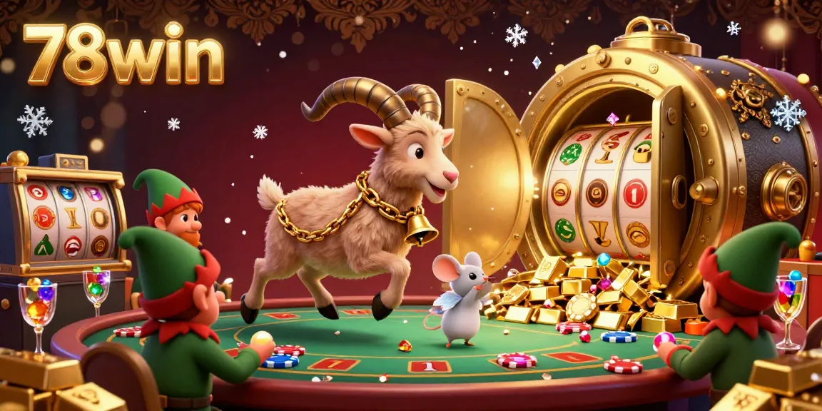 Engage with 78win at a festive casino, featuring Krampus and a mouse amidst overflowing treasures.