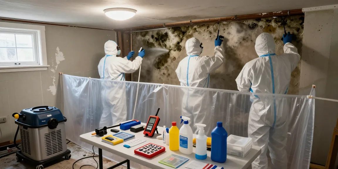 Mold Remediation North Vancouver team conducting thorough inspection and containment setup in a residential basement.