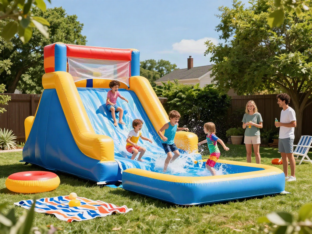 Children enjoying an inflatable water slide in a sunny backyard.