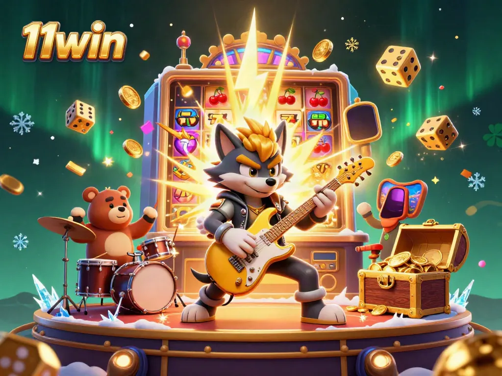 Experience thrilling gaming with 11win as a rock star wolf performs on stage with dazzling casino elements.