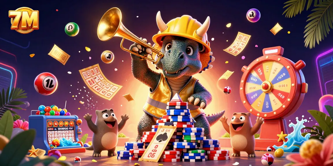 Engage with 7M's vibrant casino scene featuring dynamic characters celebrating wins, filled with games and excitement.