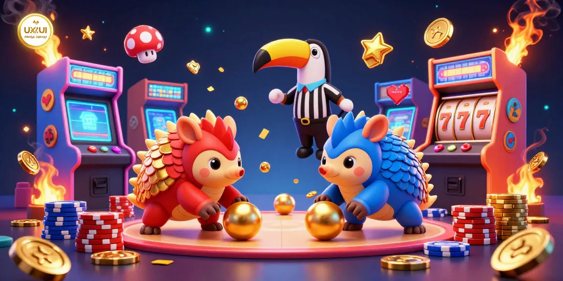 Engaging 3D illustration of rival pangolins competing in a casino game, showcasing the UX/UI design agency.